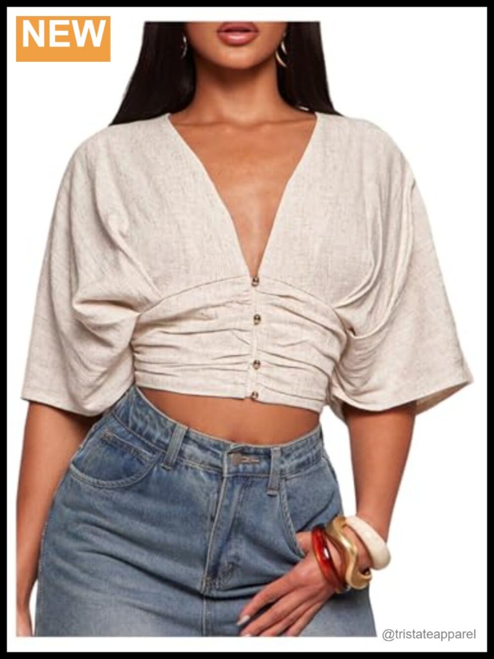 Linen Blend Cropped Button Front V-Neck Blouse 3/4 Sleeve